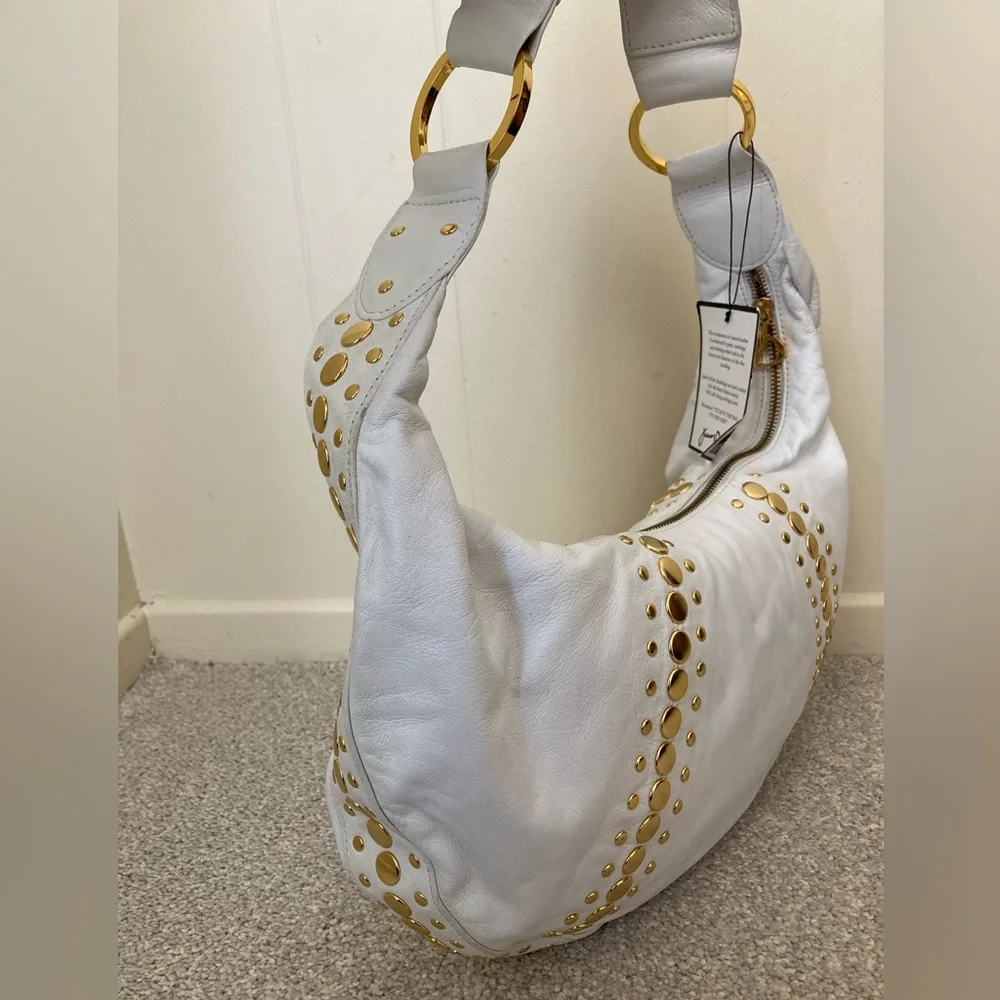 NWT ✨ Y2K Junior Drake White Leather Gold Studded Hobo Handbag Purse Bag